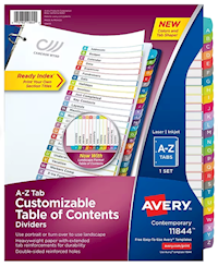 DIVIDERS, INDEX TABLE OF CONTENTS, PAPER, AVERY, A-Z TABS, MULTICOLOR MAIN